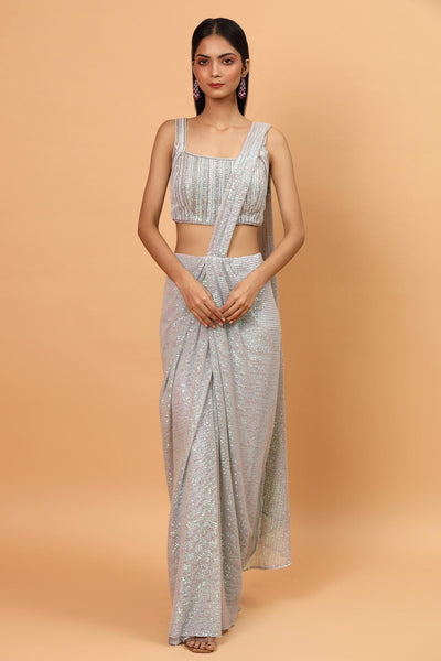 Ice Blue Net Pre-draped Saree With Embroidered Blouse