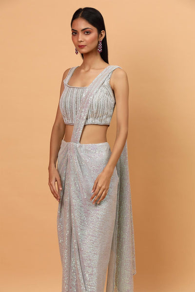 Ice Blue Net Pre-draped Saree With Embroidered Blouse