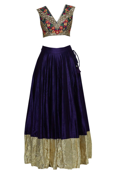 Blue Raw Silk Embroidered Lehenga Set