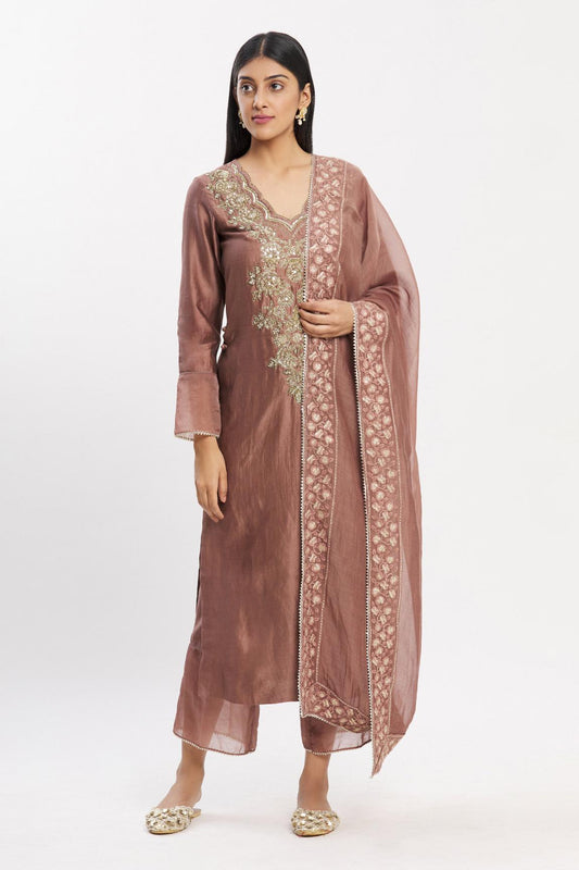 Brown Chanderi Silk Kurta Set