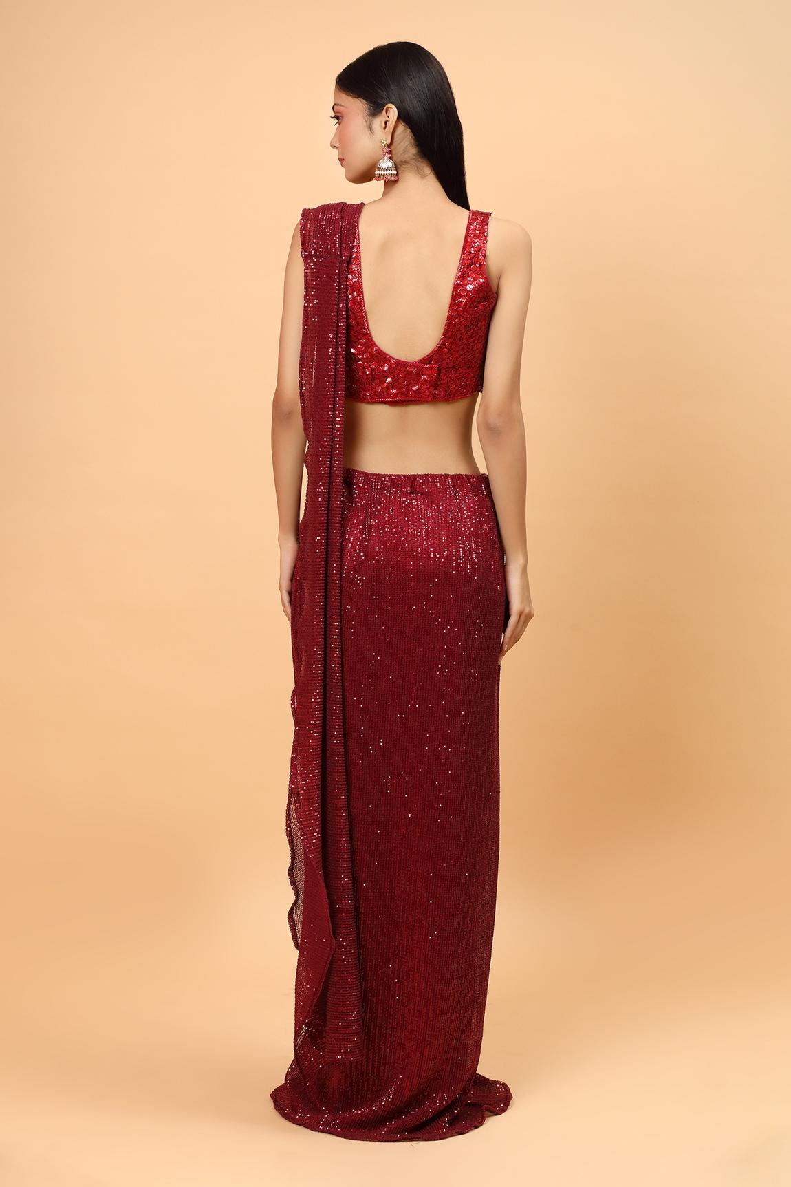 Deep Red Net Pre-draped Saree With Embroidered Blouse