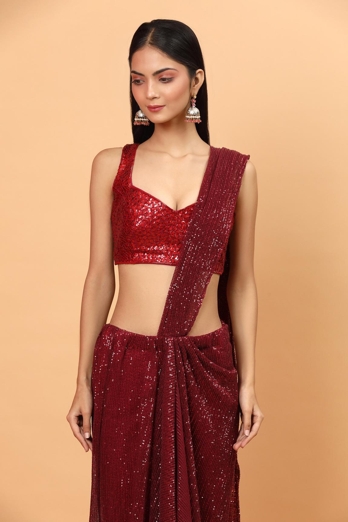 Deep Red Net Pre-draped Saree With Embroidered Blouse