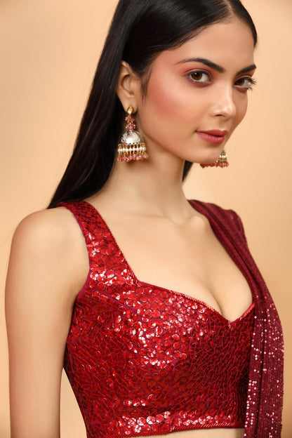Deep Red Net Pre-draped Saree With Embroidered Blouse