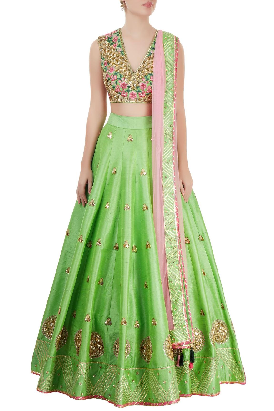Green And Rose Pink Embroidered Lehenga Set