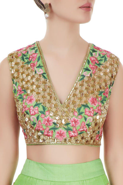 Green And Rose Pink Embroidered Lehenga Set
