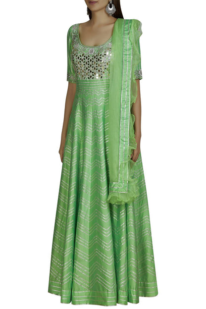 Green Chanderi Anarkali With Dupatta