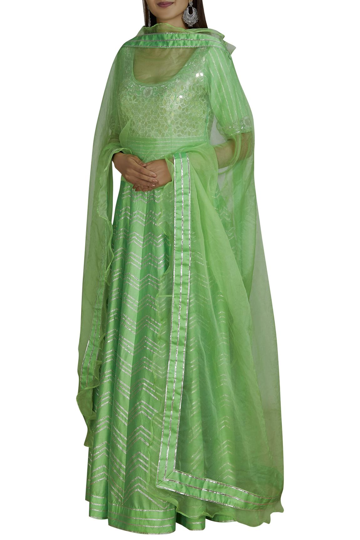 Green Chanderi Anarkali With Dupatta