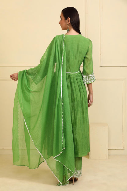 Green Chanderi Silk Neckline Embroidered Kurta Set