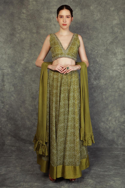 Green Chinon Bandhani Print Lehenga Set (RO)