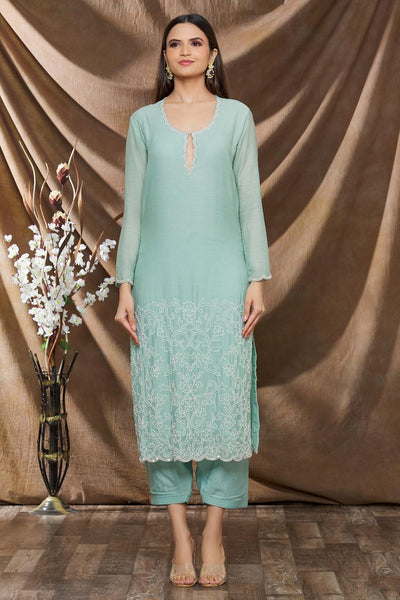 Green Cotton Silk Kurta And Pant Set