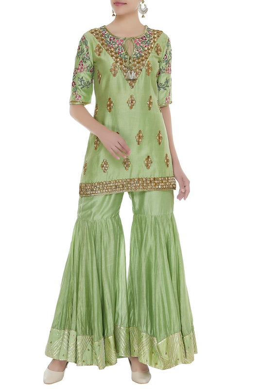 Green Embellished Kurta With Gharara