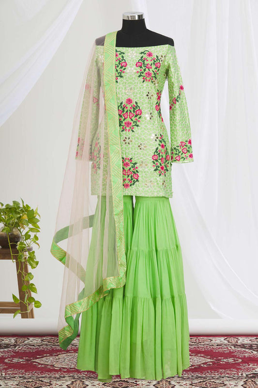 Green Embroidered Kurta Sharara Set