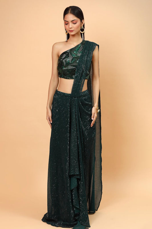 Green Net Pre-draped Saree With One Shoulder Blouse