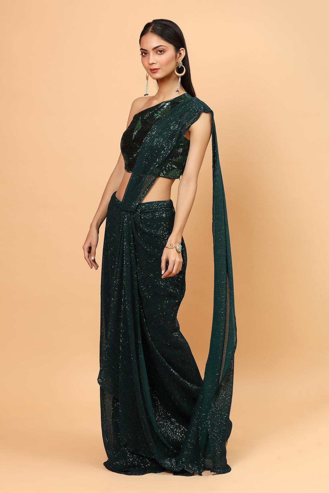 Green Net Pre-draped Saree With One Shoulder Blouse