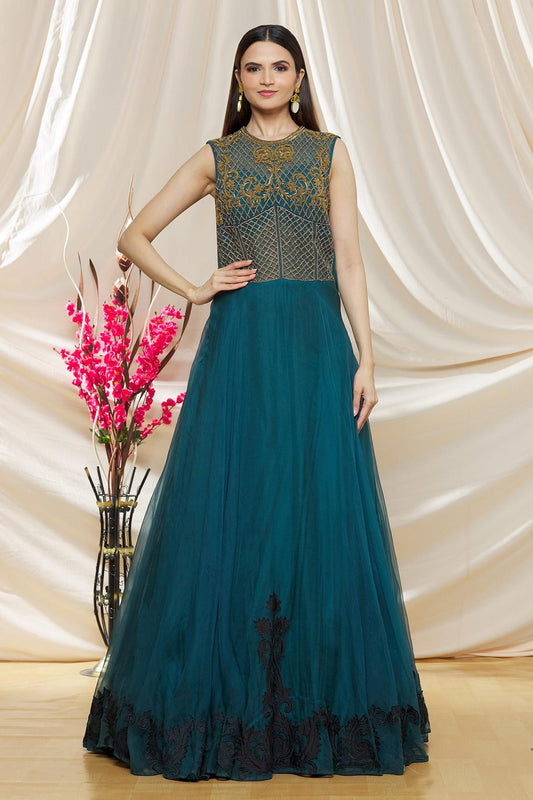 Green Organza Floral Embroidered Gown