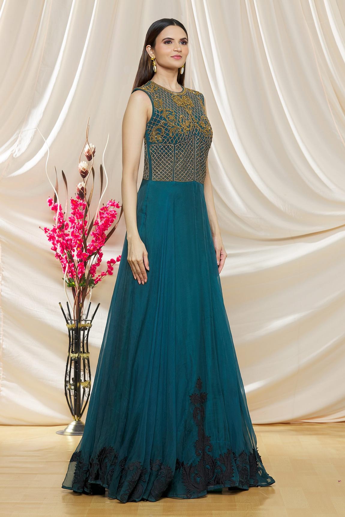 Green Organza Floral Embroidered Gown