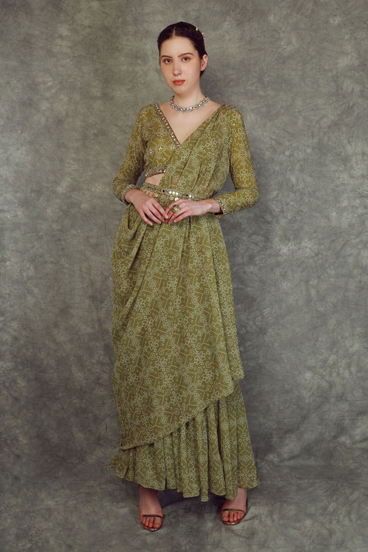 Green Pre-draped Bandhini Print Saree Set (RO)