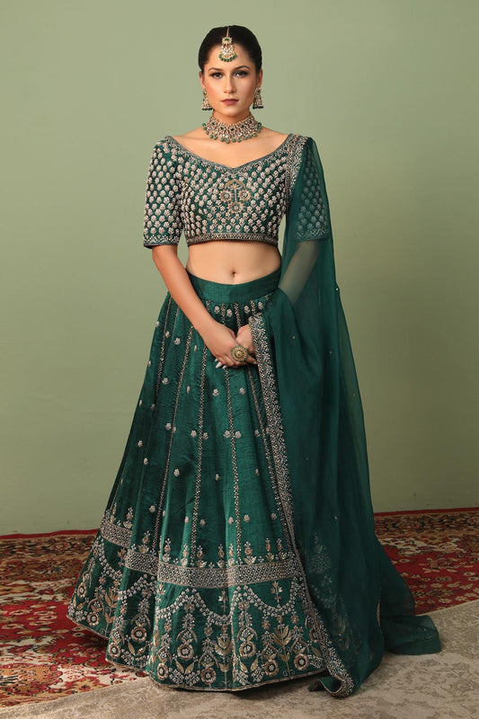 Green Raw Silk Embroidered Lehenga Set