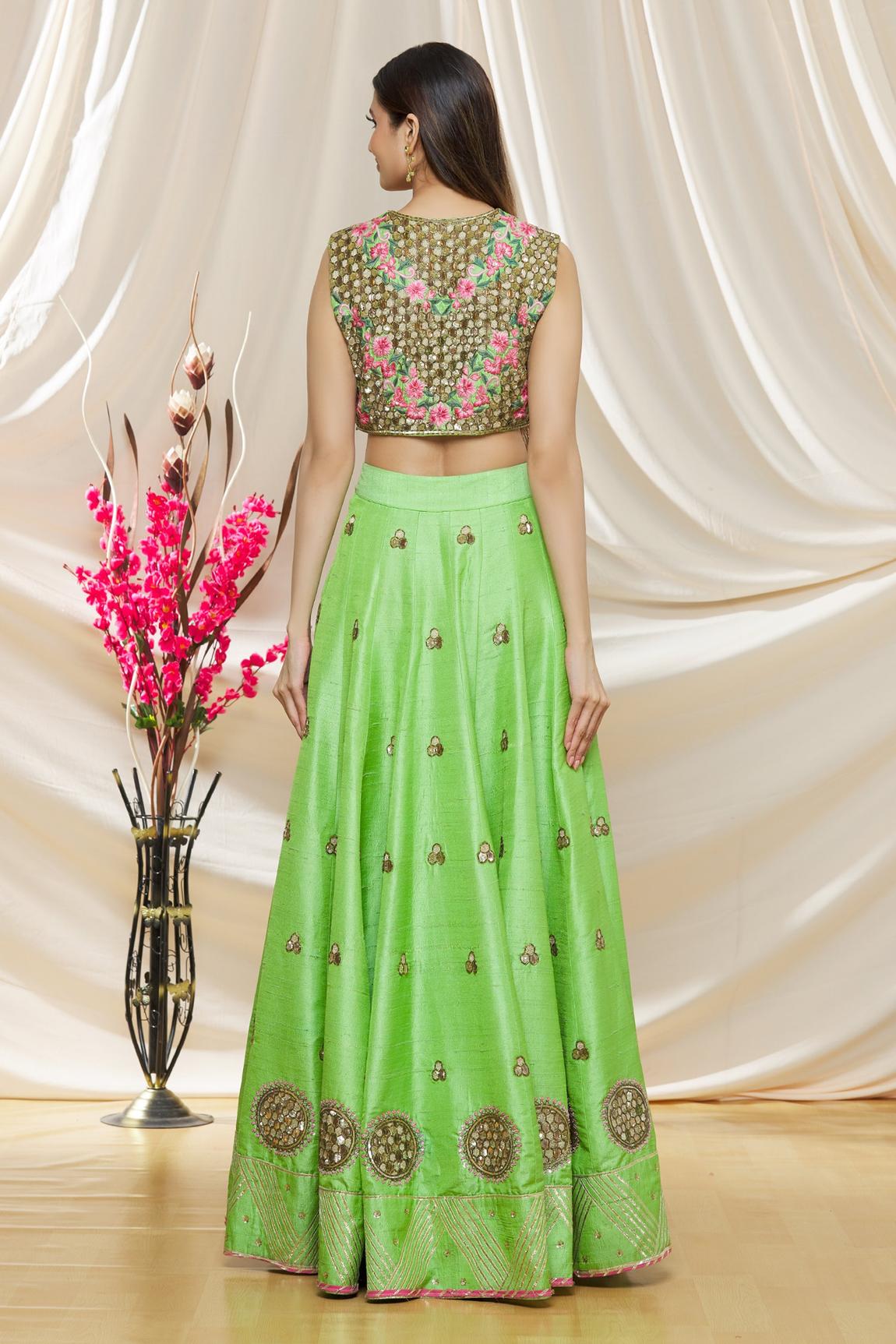 Green Raw Silk Sequin Embroidered Lehenga Set