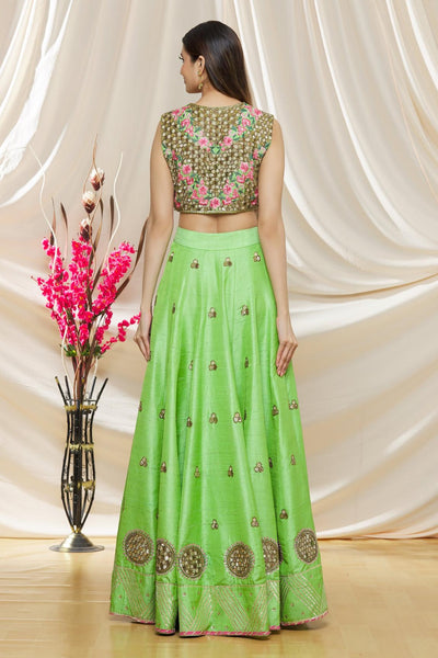 Green Raw Silk Sequin Embroidered Lehenga Set