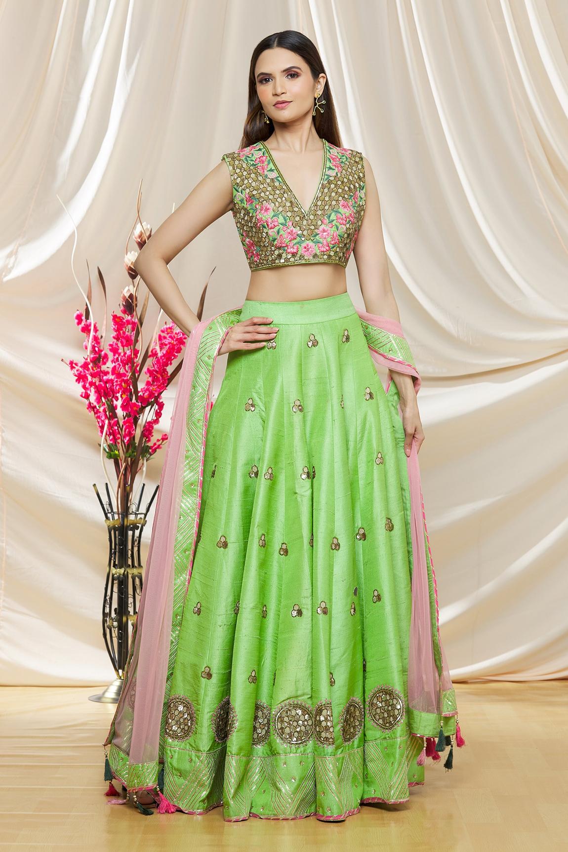 Green Raw Silk Sequin Embroidered Lehenga Set