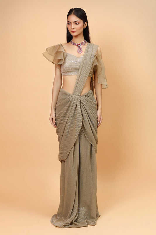 Dusty Green Satin Georgette Pre-draped Saree With Embroidered Blouse