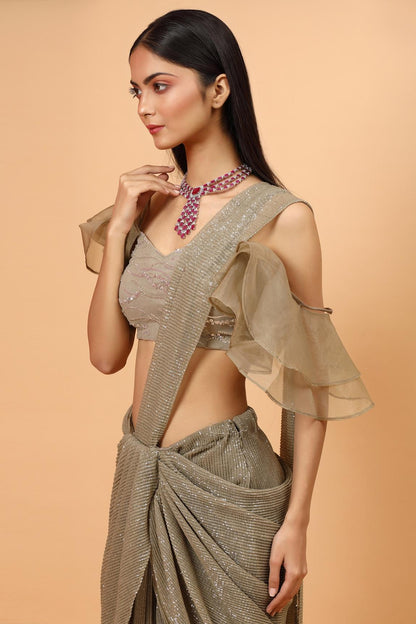 Dusty Green Satin Georgette Pre-draped Saree With Embroidered Blouse