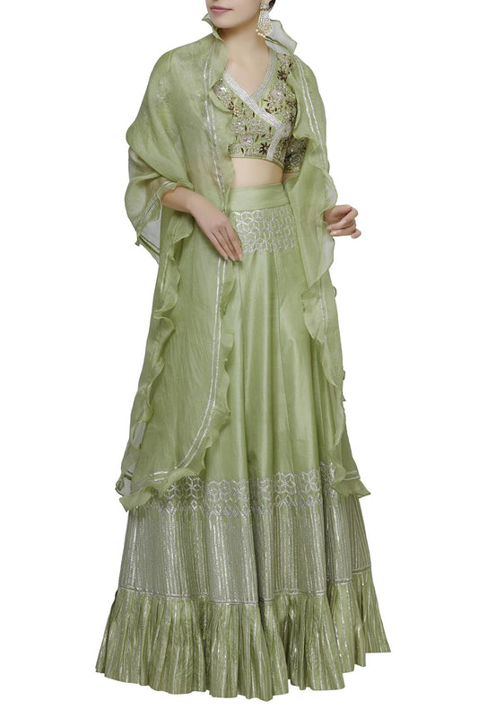 Green Silk Embroidered Lehenga Set