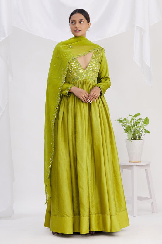 Green Silk Mirror Embroidered Anarkali With Dupatta