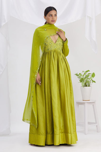 Green Silk Mirror Embroidered Anarkali With Dupatta