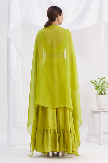 Green Silk Mirror Embroidered Palazzo Set With Cape