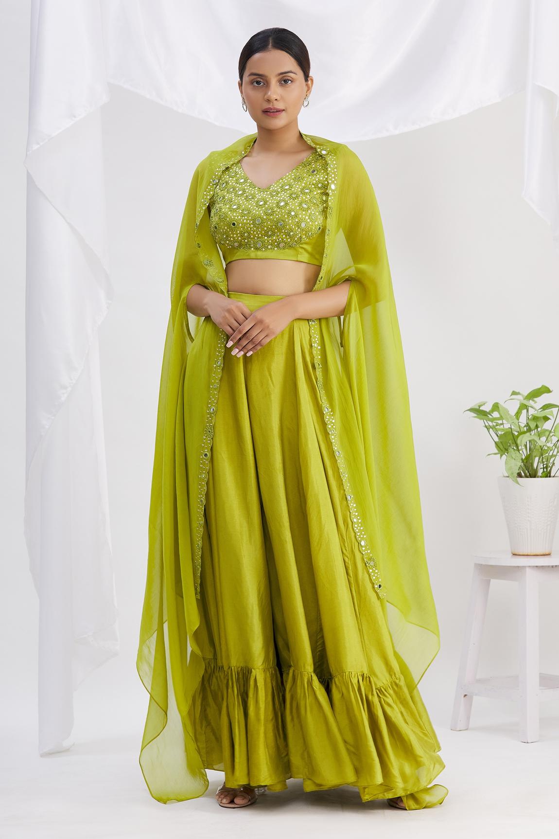 Green Silk Mirror Embroidered Palazzo Set With Cape