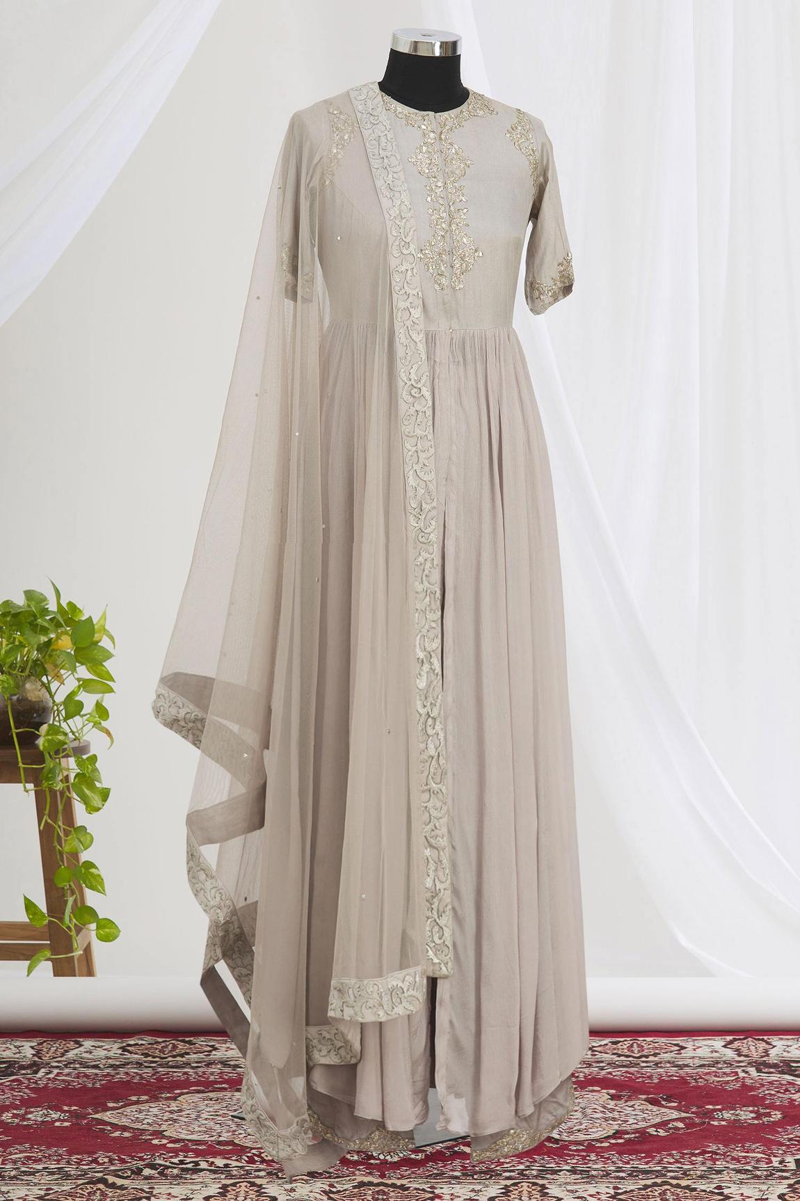 Grey Embroidered Anarkali Set