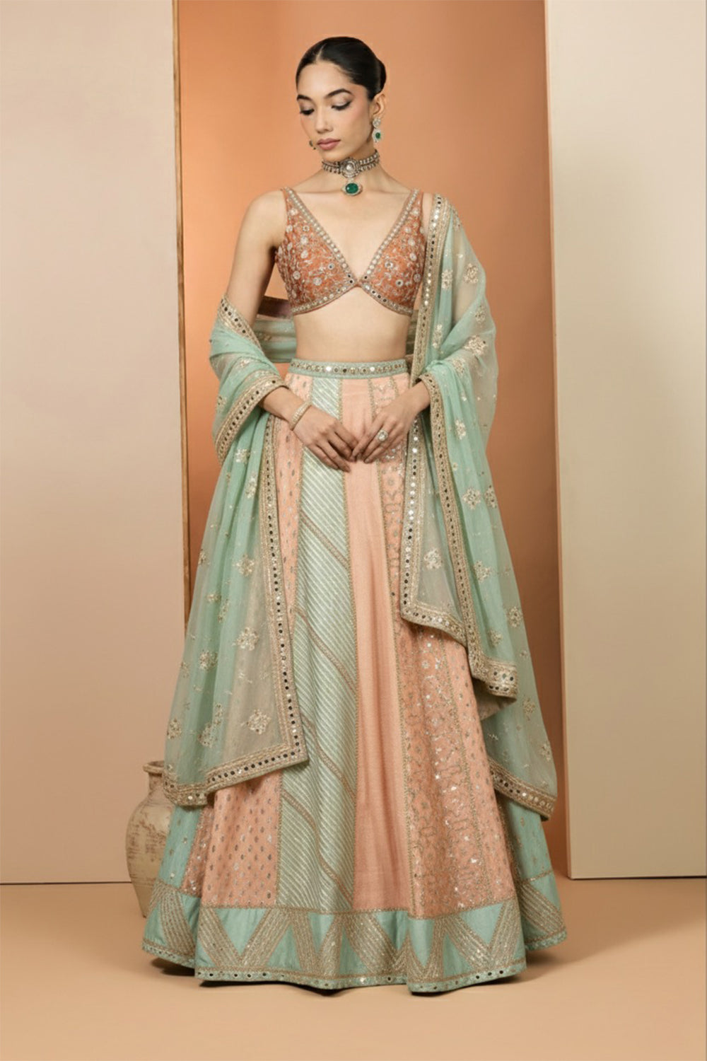 Peach and Mint Green Lehenga Set