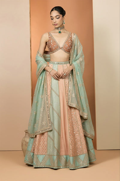 Peach and Mint Green Lehenga Set