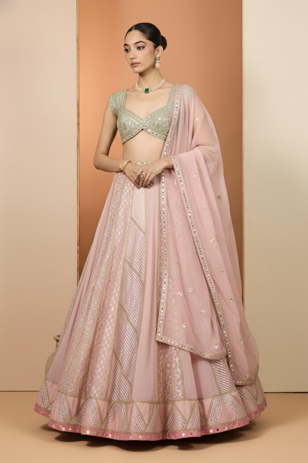 Pink and Mint Green Lehenga Set