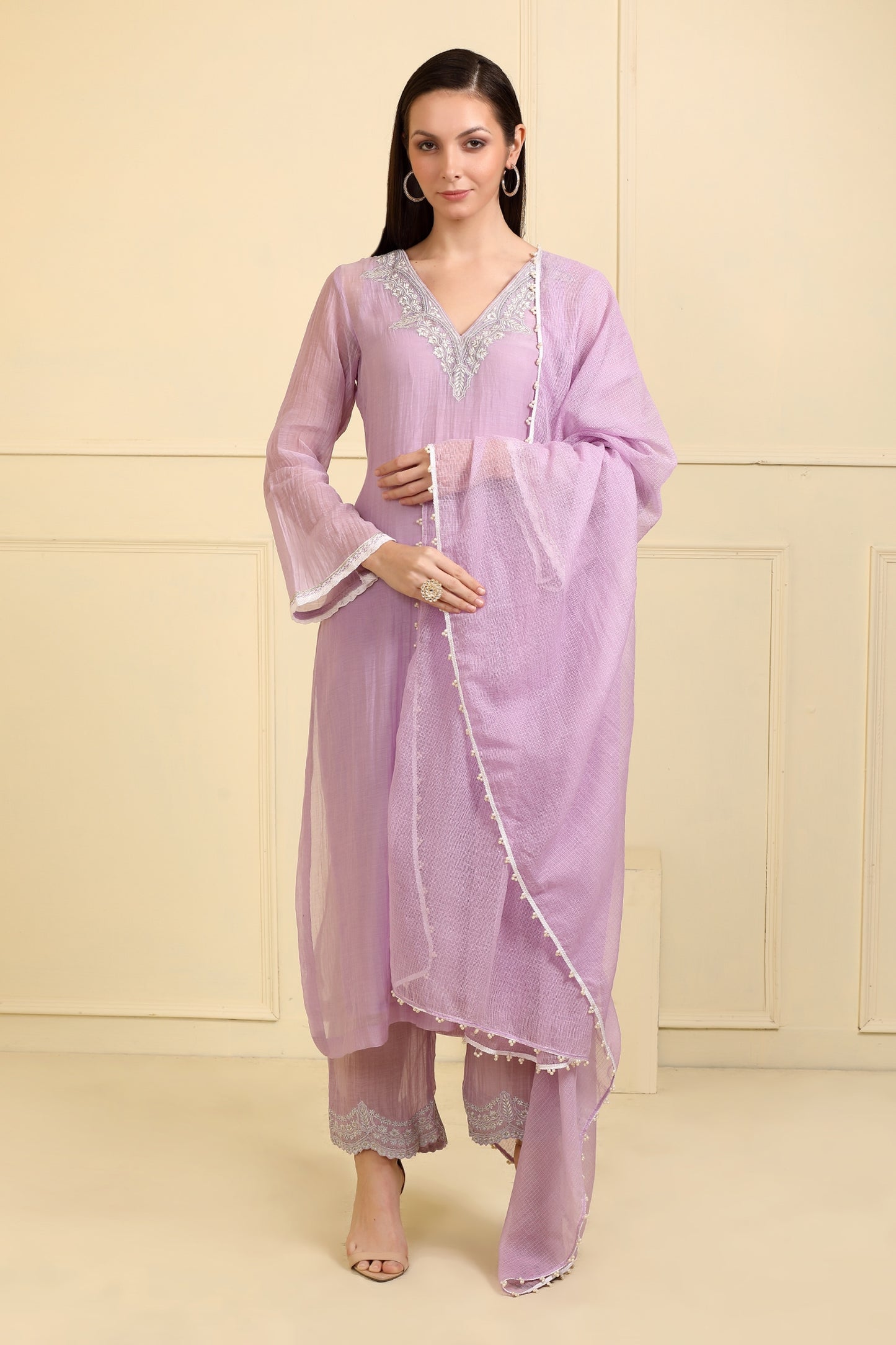 Lilac Chanderi Silk Neckline Embroidered Kurta Pant Set