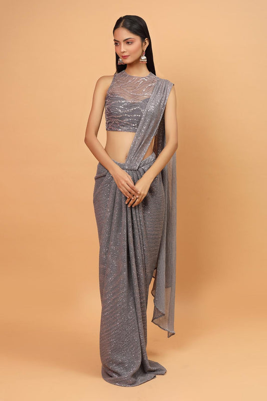 Mauve Net Pre-draped Saree With Embroidered Blouse