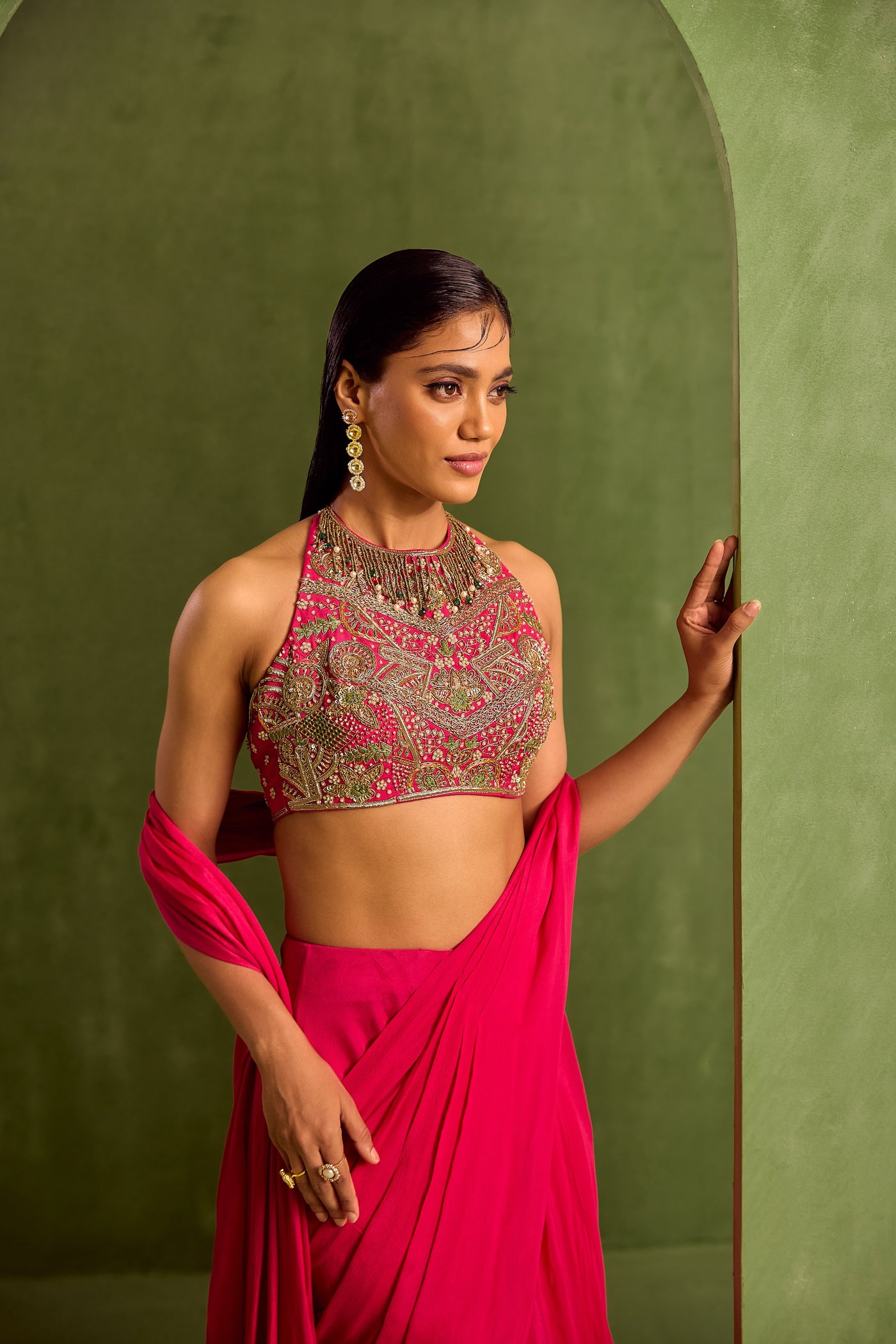 Pink Viscose Chinon Solid Pre-draped Saree With Dabka Embroidered Blouse