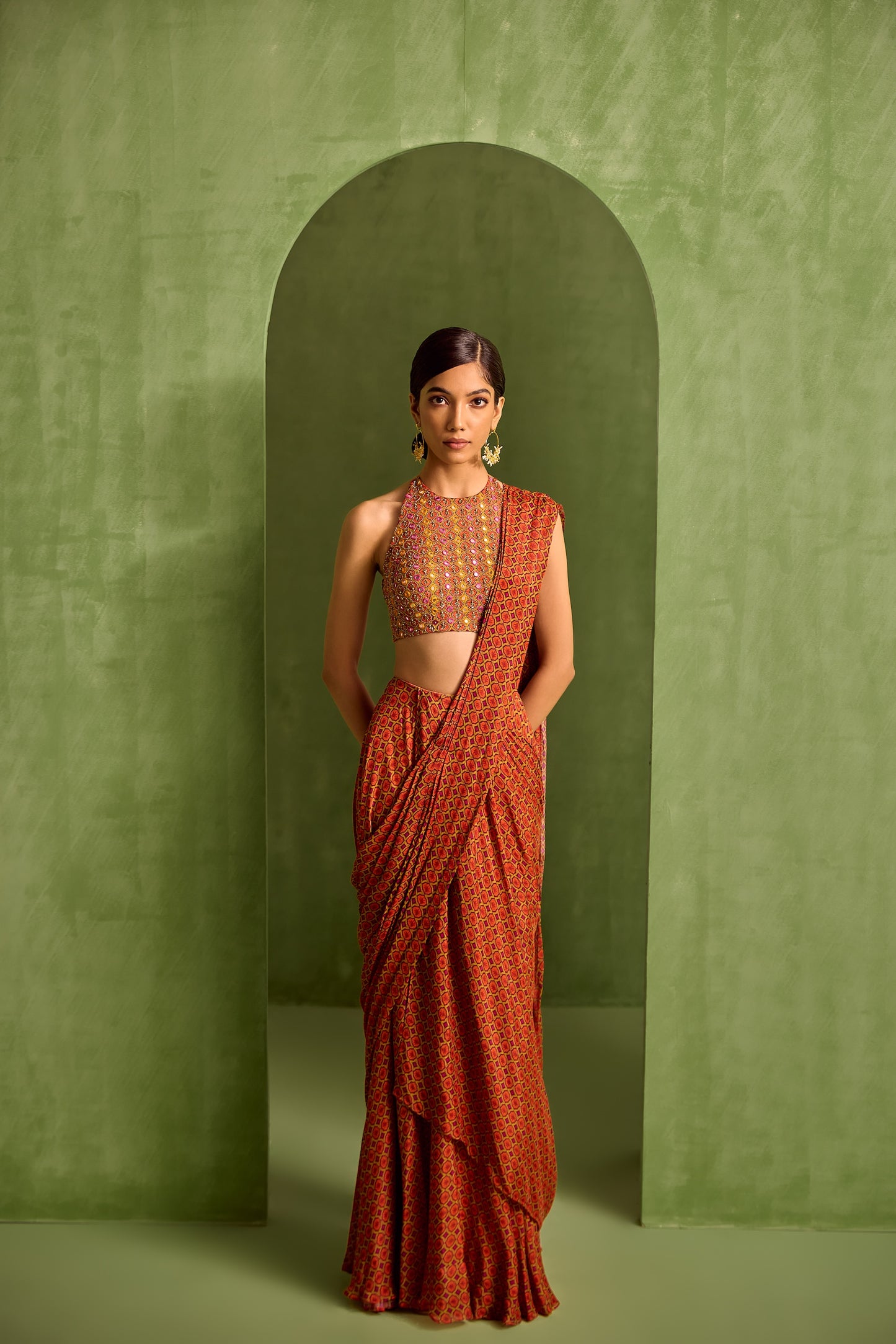 Orange Viscose Chinon Geometric Printed Pre-draped Saree With Embroidered Blouse