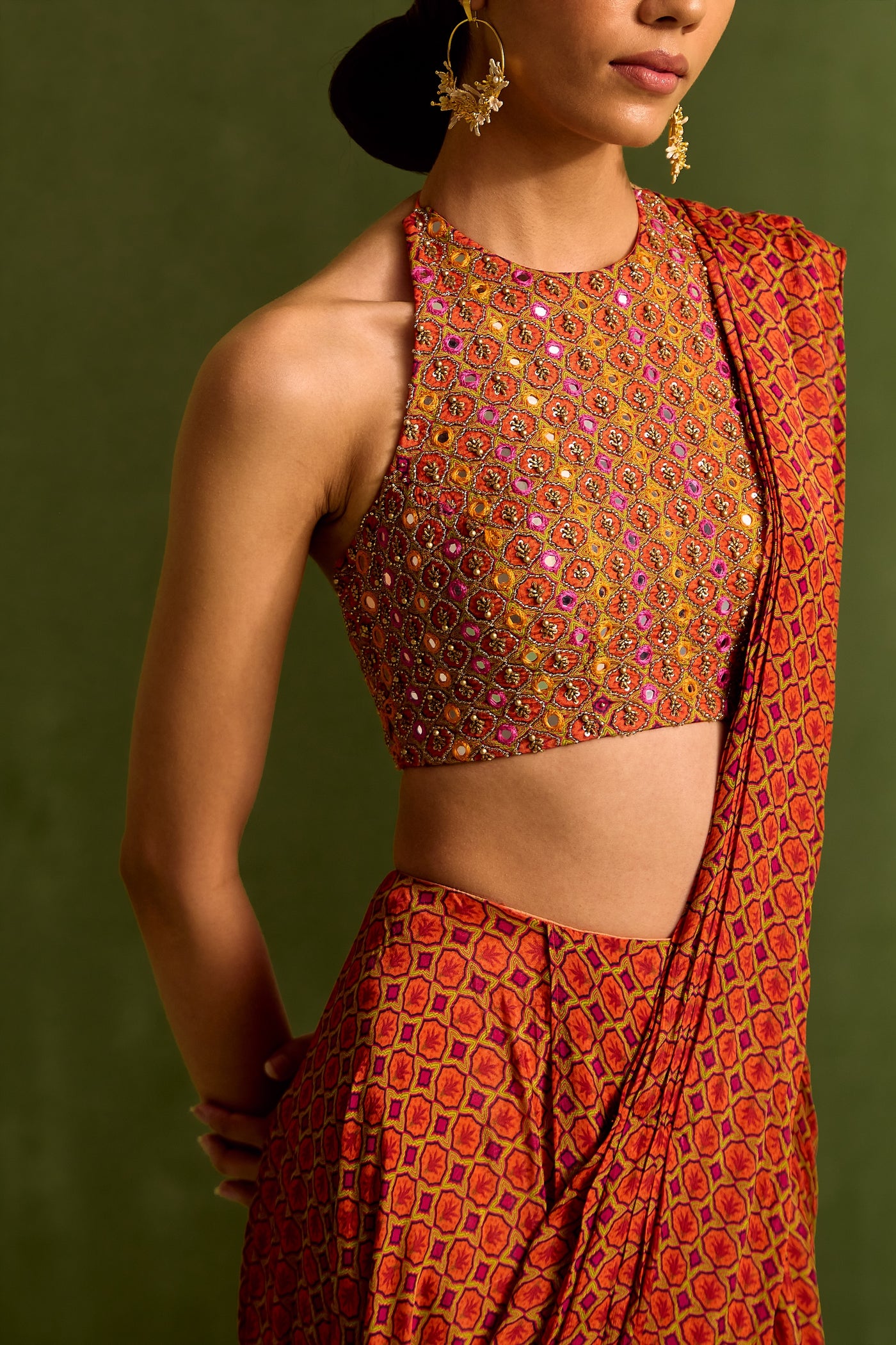 Orange Viscose Chinon Geometric Printed Pre-draped Saree With Embroidered Blouse