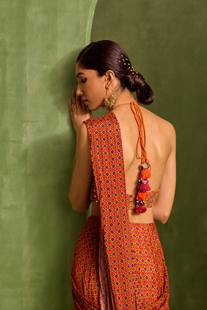 Orange Viscose Chinon Geometric Printed Pre-draped Saree With Embroidered Blouse