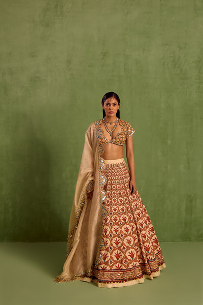 Orange Viscose Raw Silk Embellished Bead Floral Mughal Printed Lehenga Set