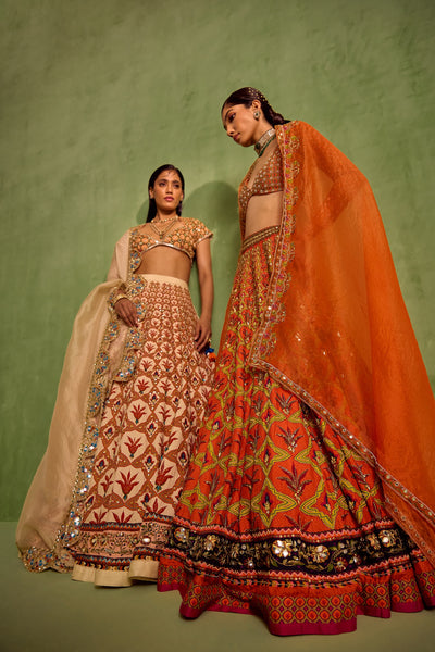 Orange Viscose Raw Silk Embellished Bead Floral Mughal Printed Lehenga Set