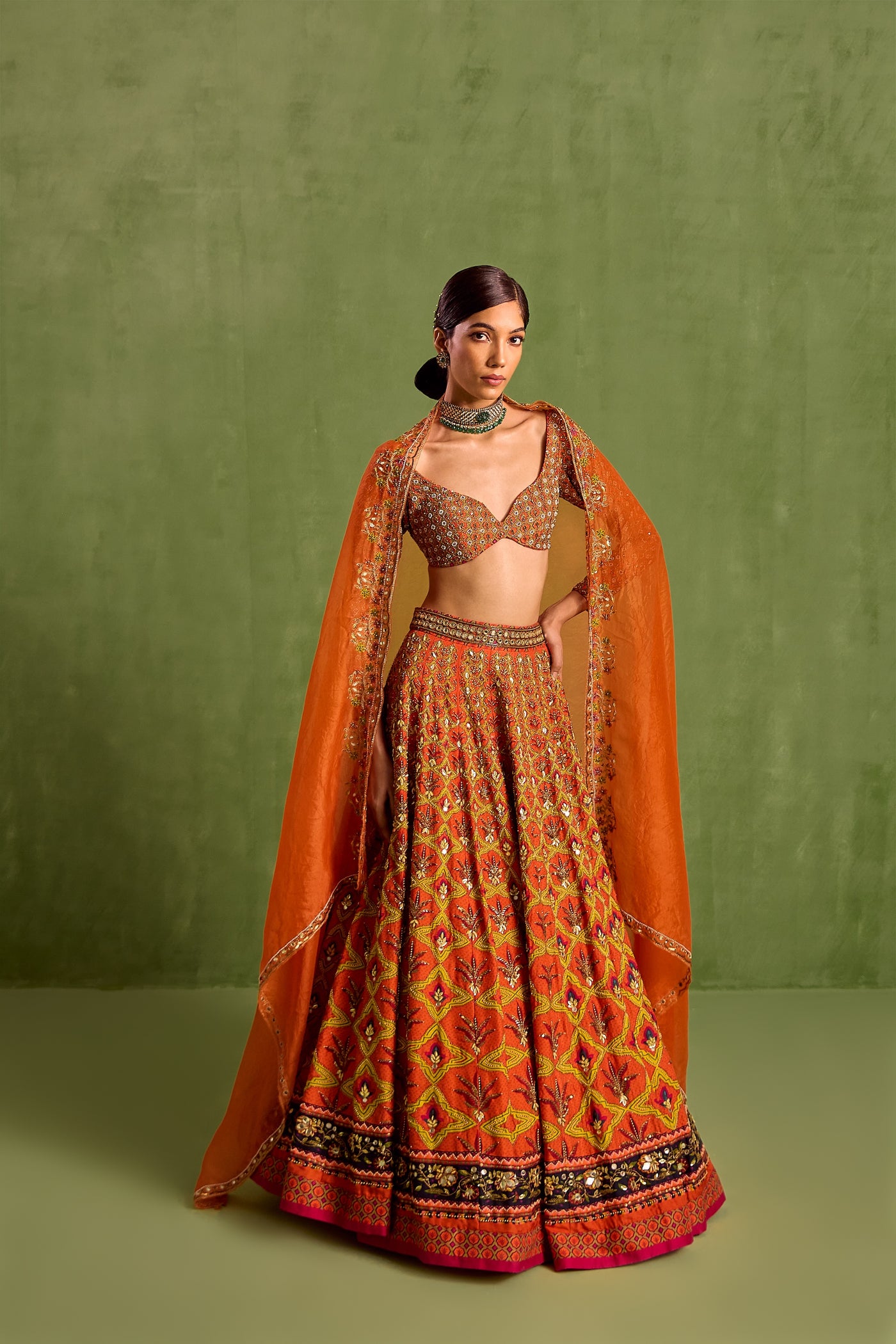 Orange Viscose Raw Silk Embellished Floral Geometric Mughal Printed Lehenga Set