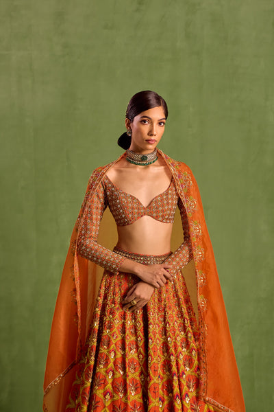 Orange Viscose Raw Silk Embellished Floral Geometric Mughal Printed Lehenga Set