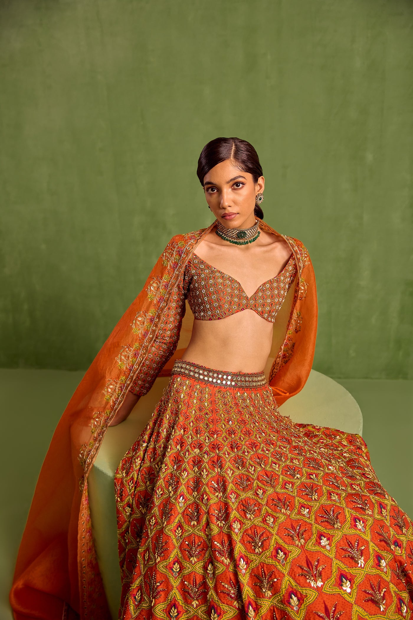 Orange Viscose Raw Silk Embellished Floral Geometric Mughal Printed Lehenga Set