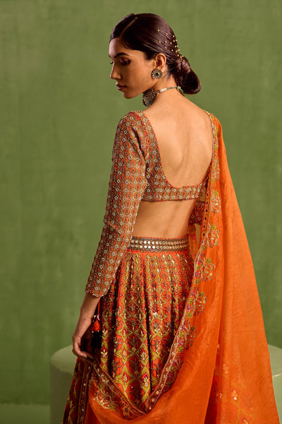 Orange Viscose Raw Silk Embellished Floral Geometric Mughal Printed Lehenga Set