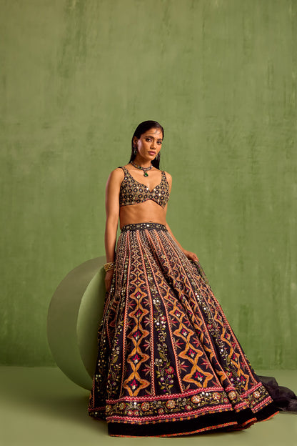 Black Viscose Raw Silk Embellished Bead Geometric Printed Lehenga Set