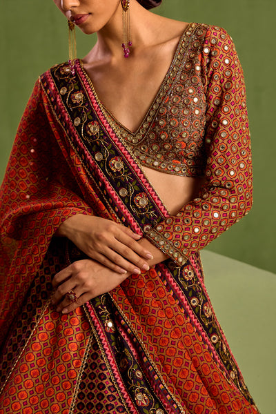 Orange Viscose Raw Silk Floral Geometric Printed Panelled Lehenga Set